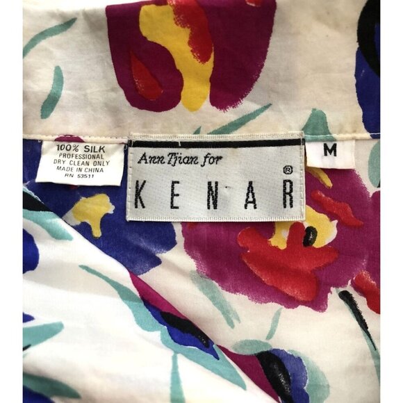 Vintage Ann Tjian for Kenar Shirt Women's M Floral 100% Silk Button-up Colorful - Picture 3 of 7